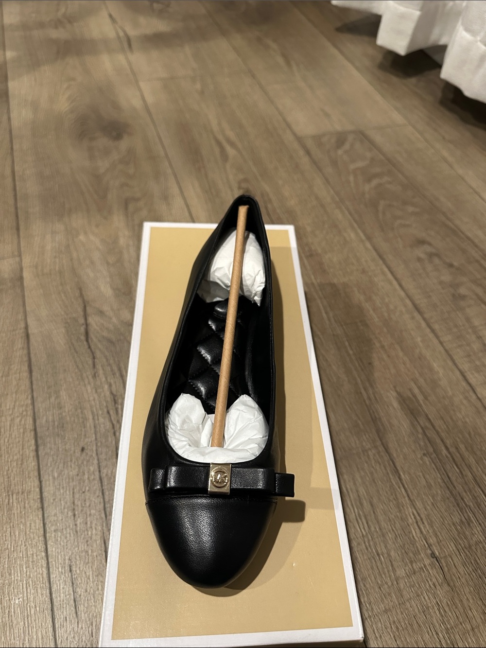 Michael Kors Black Leather Ballet Flat with Gold Logo Buckle